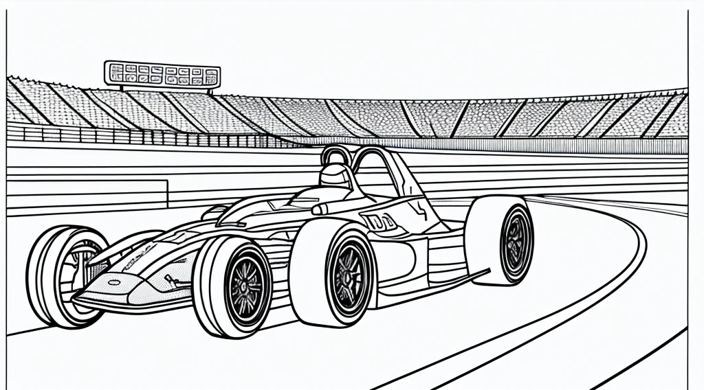 draw a coloring book page in black and white and color, car racing on a track, simple line, illustration, ink drawing, very visible thick outlines, clean lines, line art, clipart. A car is moving along the road, another one is catching up behind it. In the background - tribunes and scoreboard.