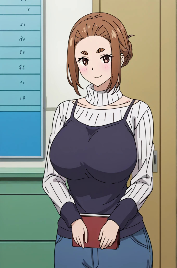 Sumireko Ogawa, One Girl,,Thick eyebrows, Large Breasts, Huge breasts, ,(Black two-shoulder strap long camisole dress、White turtleneck sweater、Long sleeve、Vertical sweater、White knit sweater)、score_9, score_8_Excellent, score_7_Excellent, score_6_Excellent, score_5_Excellent, score_4_Excellent, break,One Girl in full growth, 最high quality, masterpiece, Very detailed, high quality,good quality,1 Girl,(masterpiece,High resolution, Very detailed,8K,16K),Displaying the viewer、Brown Hair、