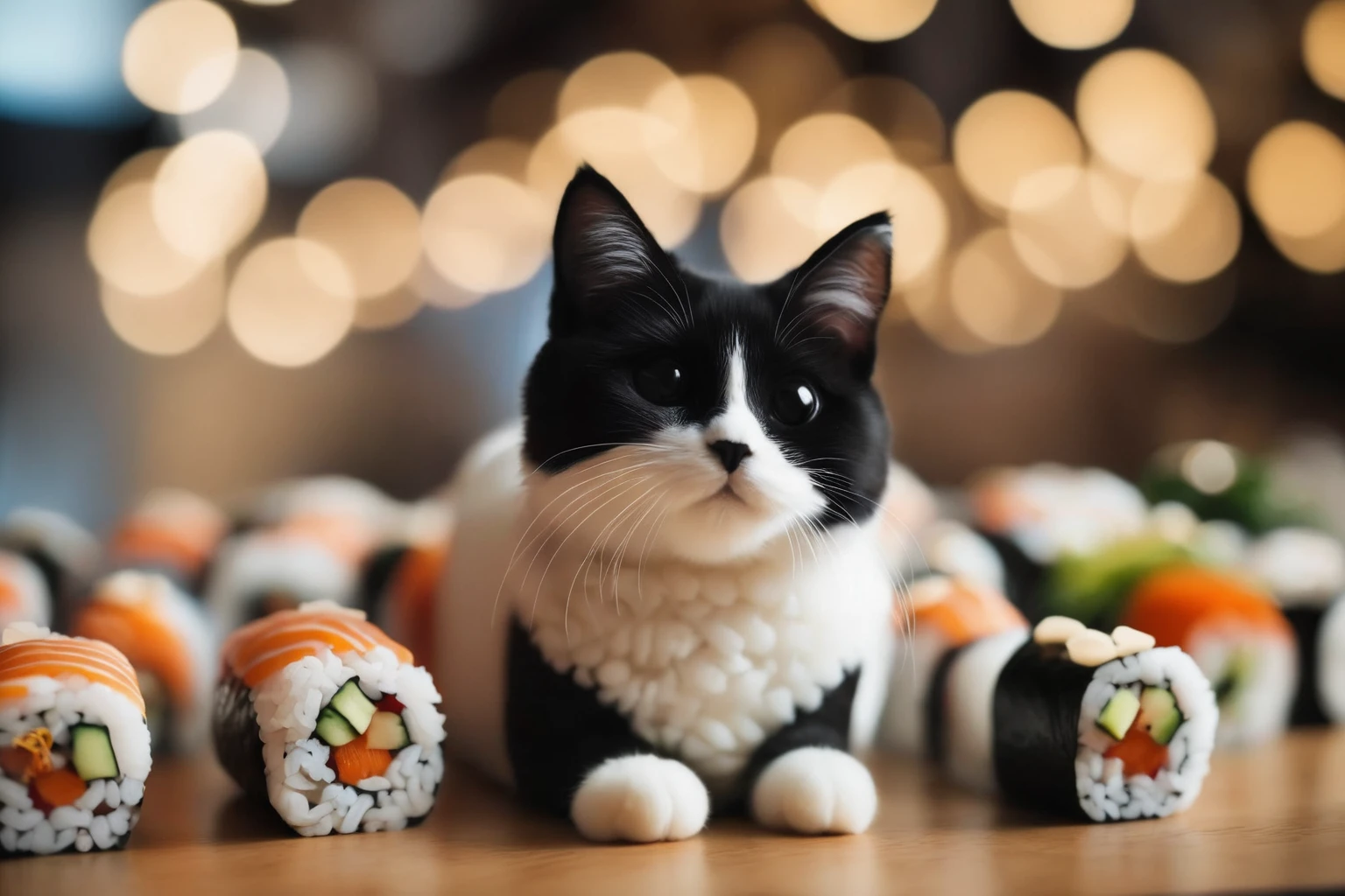 Photo of a cat made from sushi rolls, Cinematic, Fujifilm, RTTX 10.0, Bokeh