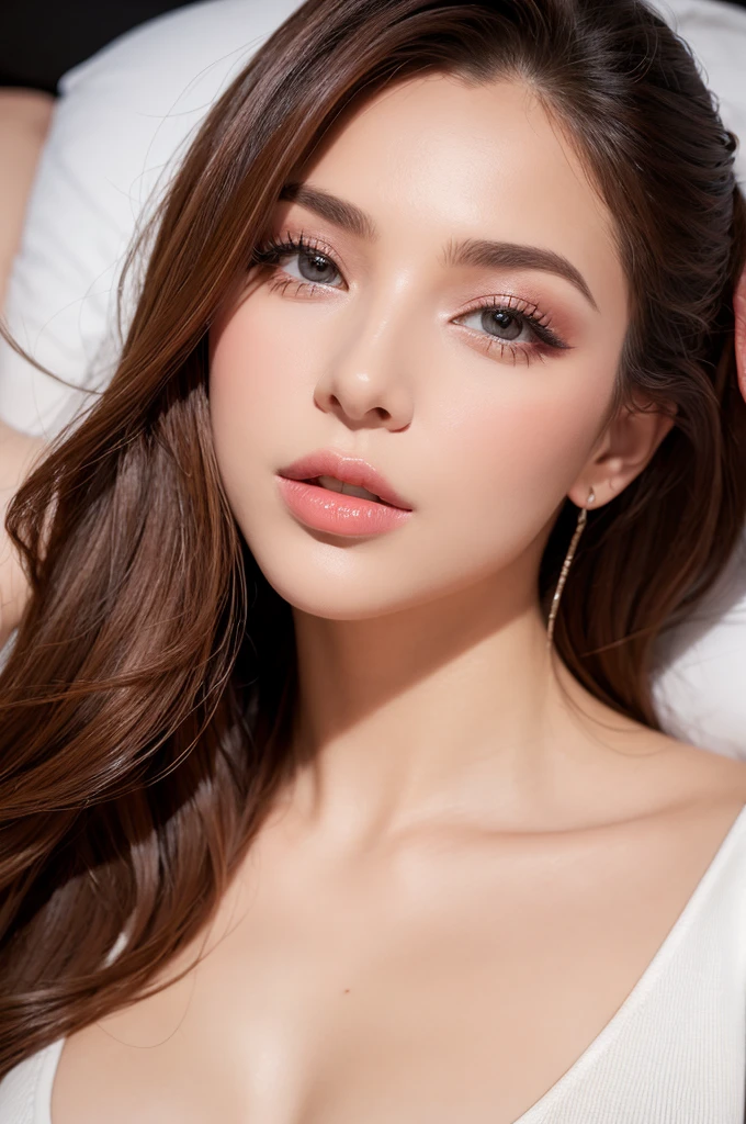 woman(Detailed face),vivid,chest,cute, Sleeveless white silky dress,4K,Ultra-high resolution,(Photorealistic：1.7),Long Hair,(White furniture),