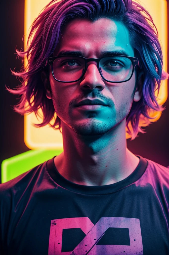 Farbeida photo of a man with glasses and a T-shirt, retrato Farbeido, neon color bleed, hero pose Farbeida city lighting, Portrait photo, dripping in neon paint, badass filters and effects, highly detailed vfx portrait, cyberpunk vibrant colors, saturado Farbeido, dripping with color, Farbe ( sony um 7 r iv, Farbeido octanage vivid render, Farbeida octane rendering, Color Explosion