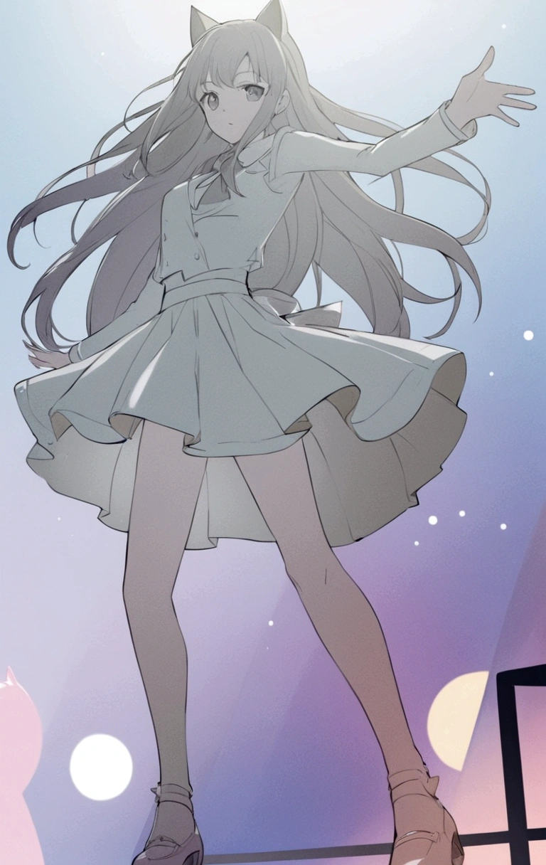 Anime girl in a skirt and shoes standing on the stage, Idol singer , Fluttering skirts,Long hair,Catwoman,Clear anime silhouette, Anime style超详细, Clear clothing design, Anime art style, Pixiv Style, 扁平Anime style阴影, Anime style, The art of math!!, Anime style, Digital Animation Art