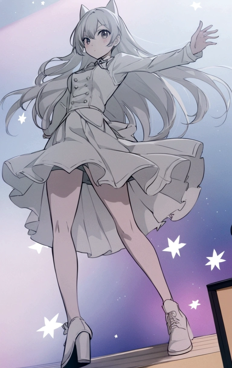 Anime girl in a skirt and shoes standing on the stage, Idol singer , Fluttering skirts,Long hair,Catwoman,Clear anime silhouette, Anime style超详细, Clear clothing design, Anime art style, Pixiv Style, 扁平Anime style阴影, Anime style, The art of math!!, Anime style, Digital Animation Art