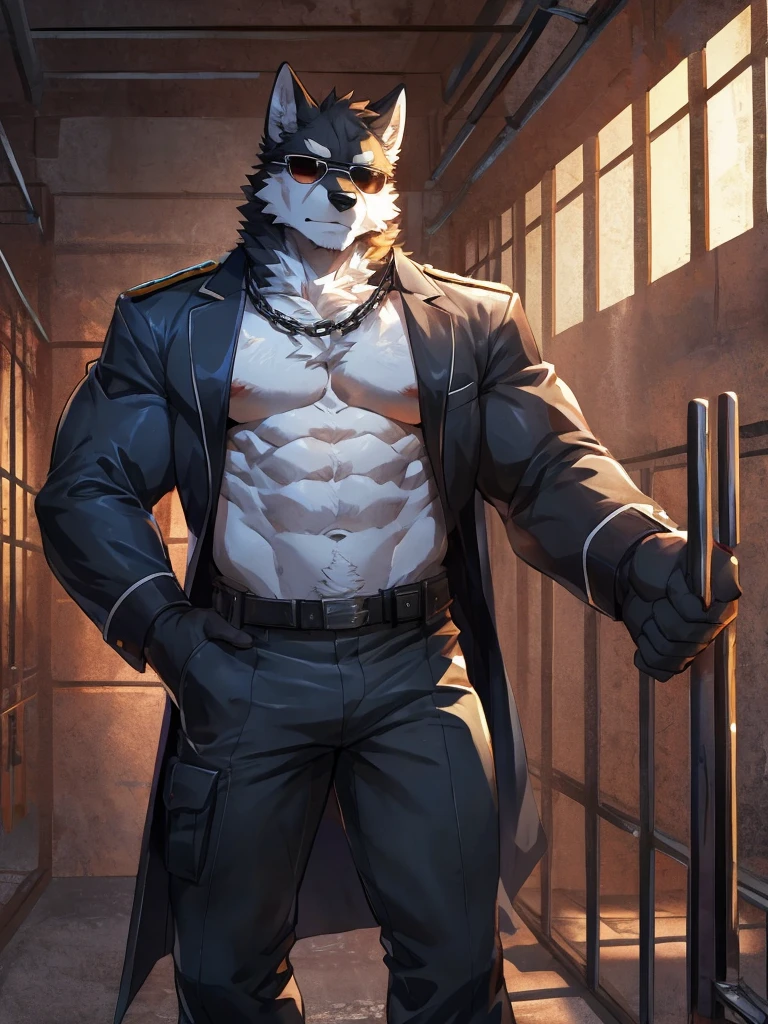 embedding:black wolf, male,Black sunglasses,Scar on the nose.Scar on the face, scar on the body,Single person,Prison guard,Warden's uniform,Leather boots,Prison scenes,With a baton in hand.A dark cell.At night,An airtight cell,Exquisite background,Serious,Chains,black fur,The highest quality of scene detail,adult,Tall and powerful,muscle,Best quality hands, best quality eye,detailed fur,Delicate eyes.Extreme picture quality,by sollyz,by zixiong,by milkytiger1145