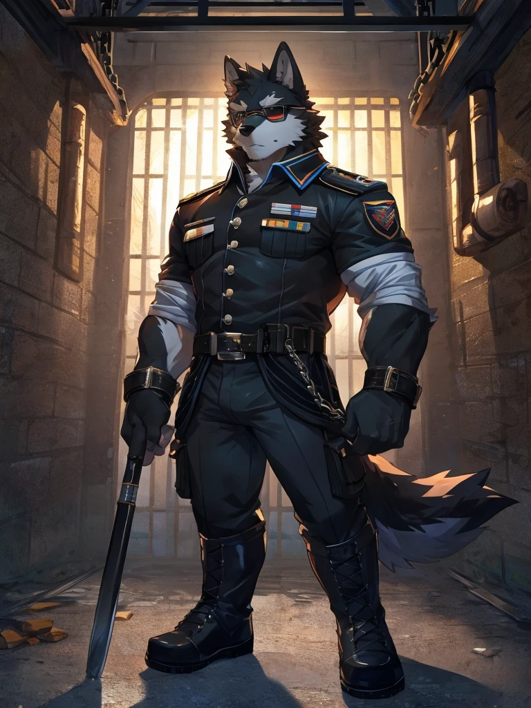 embedding:black wolf, male,Black sunglasses,Scar on the nose.Scar on the face, scar on the body,Single person,Prison guard,Warden's uniform,Leather boots,Prison scenes,With a baton in hand.A dark cell.At night,An airtight cell,Exquisite background,Serious,Chains,black fur,The highest quality of scene detail,adult,Tall and powerful,muscle,Best quality hands, best quality eye,detailed fur,Delicate eyes.Extreme picture quality,by sollyz,by zixiong,by milkytiger1145