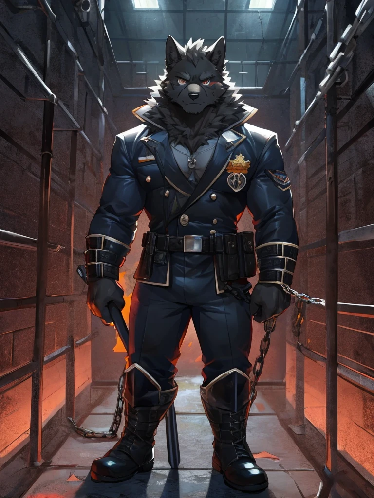 embedding:black wolf, male,Black sunglasses,Scar on the nose.Scar on the face, scar on the body,Single person,Prison guard,Warden's uniform,Leather boots,Prison scenes,With a baton in hand.A dark cell.At night,An airtight cell,Exquisite background,Serious,Chains,black fur,The highest quality of scene detail,adult,Tall and powerful,muscle,Best quality hands, best quality eye,detailed fur,Delicate eyes.Extreme picture quality,by sollyz,by zixiong,by milkytiger1145