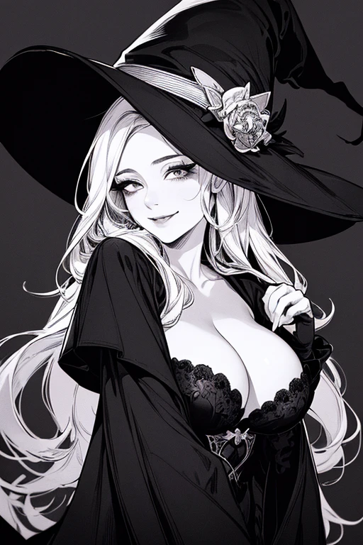 Highest quality, (Background details), High Contrast, Very beautiful woman, Detailed original illustrations、Functional、witch、Pointed hat、Black Robe、Delicate face、Fascinating、Villainess、sexy、Real breasts、Crazy Smile, Crazy Eyes,  Head close-up, Black background, (Black background: 1.5), Beautiful line art、Monochrome