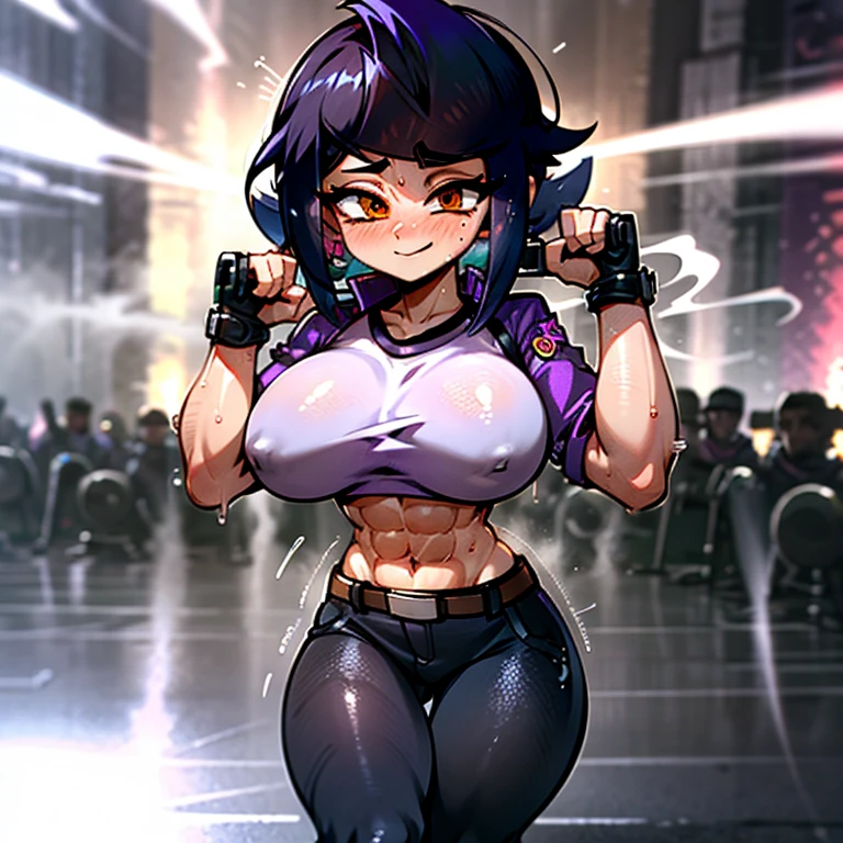Sexy girl, lean, thick thighs, biceps, ripped abs, purple sleeves, big breasts, wearing black trousers, blushing , gold belt, huge hips, sexy body, lots of freckles, tan, sexy face, glitter in hair, hot face , beautiful face, perfect eyes, wearing black straps on pants, sweaty abs, sexy figure, adult, sexy, huge hips , wearing neckless bright atmosphere, short girl, standing ,sexy body , wearing many neckless, holding hip, wide body, holding hips, long hair, perfect arms, brown eyes, looking left, very sweaty, sweating, focused eyes, smiling, smoke everywhere, happy , sexy, in city, abs bursting out, hand on hip, tanned, 6 pack abs, punching, punching fist , 1 girl, biceps, brown eyes, wearing jacket, cool hair style
