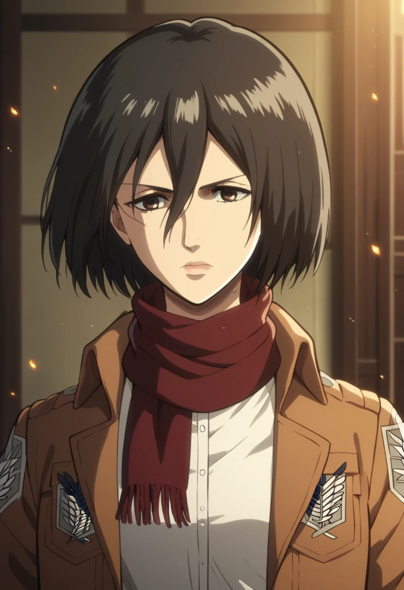 1girl, solo, looking at viewer, short hair, bangs, shirt, black hair, hair between eyes, brown eyes, closed mouth, jacket, white shirt, upper body, artist name, scarf, open jacket, lips, wind, portrait, red scarf, brown jacket, nose, emblem, paradis military uniform, embers, survey corps (emblem), mikasa ackerman, , sparkle, room, upper body, navel,