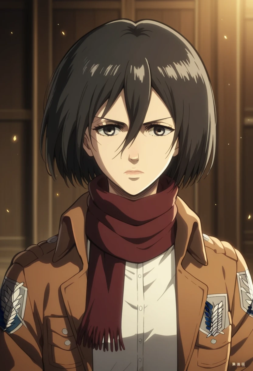 1girl, solo, looking at viewer, short hair, bangs, shirt, black hair, hair between eyes, brown eyes, closed mouth, jacket, white shirt, upper body, artist name, scarf, open jacket, lips, wind, portrait, red scarf, brown jacket, nose, emblem, paradis military uniform, embers, survey corps (emblem), mikasa ackerman, , sparkle, room, upper body, navel,