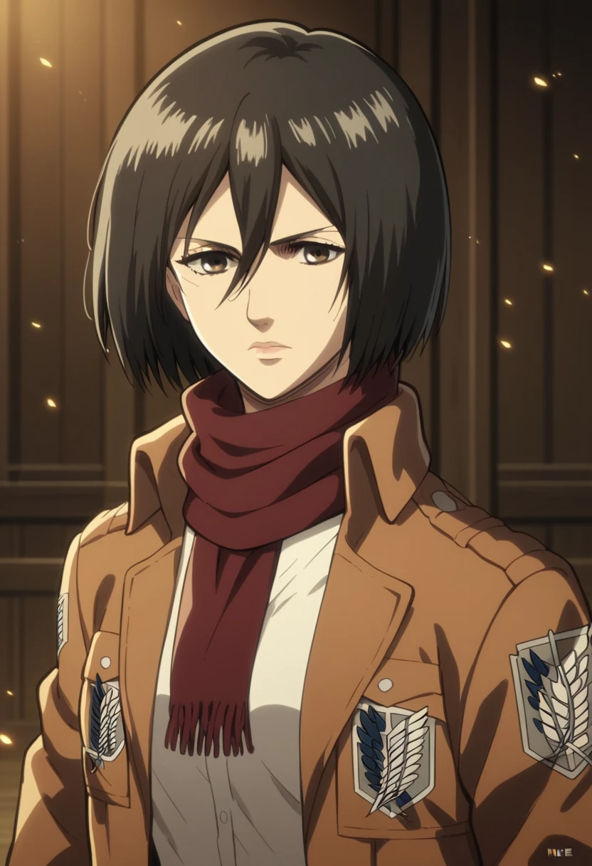 1girl, solo, looking at viewer, short hair, bangs, shirt, black hair, hair between eyes, brown eyes, closed mouth, jacket, white shirt, upper body, artist name, scarf, open jacket, lips, wind, portrait, red scarf, brown jacket, nose, emblem, paradis military uniform, embers, survey corps (emblem), mikasa ackerman, , sparkle, room, upper body, navel,