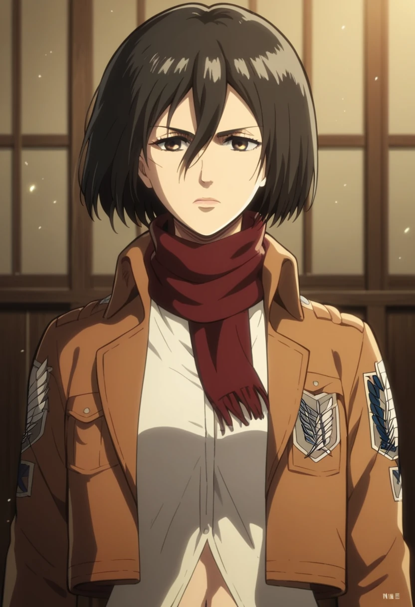 1girl, solo, looking at viewer, short hair, bangs, shirt, black hair, hair between eyes, brown eyes, closed mouth, jacket, white shirt, upper body, artist name, scarf, open jacket, lips, wind, portrait, red scarf, brown jacket, nose, emblem, paradis military uniform, embers, survey corps (emblem), mikasa ackerman, , sparkle, room, upper body, navel,