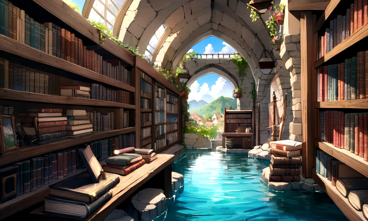 ((((masterpiece, Highest quality, High resolution)))),High detail, manga,anime,Illustration Style,Use of bright colors,Ghibli Studio,Similar to the colors used in daytime scenes, Medieval European fantasy world, Extremely detailed 8K, High detail, A shop by the pond built under a stone arch, Game Sword,Hero's Sword,Dirty Sword,Bookshelf, In the store々There are many products lined up,Lying Sword,Luxurious sword, Magic book, Old books, And postcards, Both indoor and outdoor displays. The arches and walls are made of rustic stone, Gives a quaint and attractive look. The store is transparent, Smooth turquoise water surface, Colorful rocks visible beneath the surface. The sky is bright blue、Fluffy white clouds floating, And the sun is shining brightly, Create a magical and cozy atmosphere.