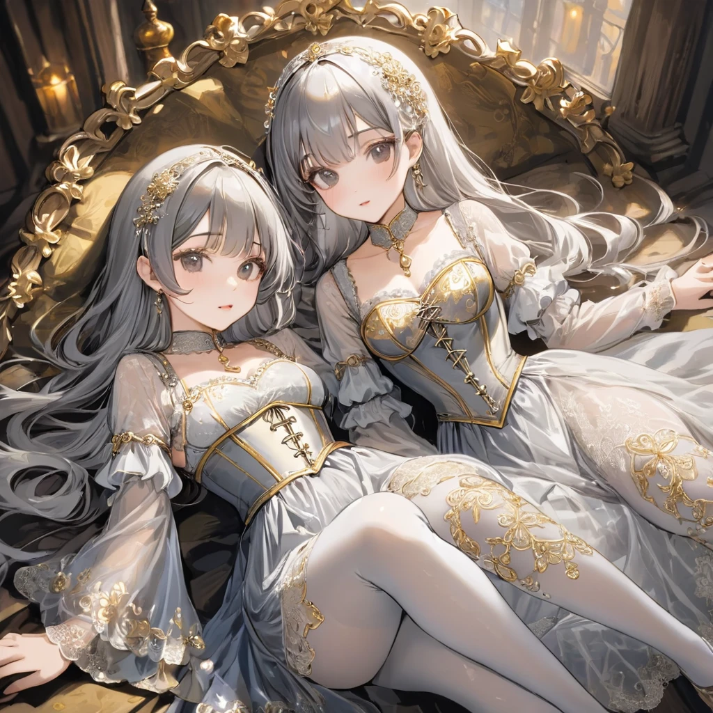 Girls in the Middle Ages、 Gold and silver embroidery、In underwear、Knee-length semi-transparent bloomers(With gold and silver lace)Wearing、Wearing a semi-transparent corset、 Grey translucent tights、Lying down、White Grey Pearl Medieval Long Dress