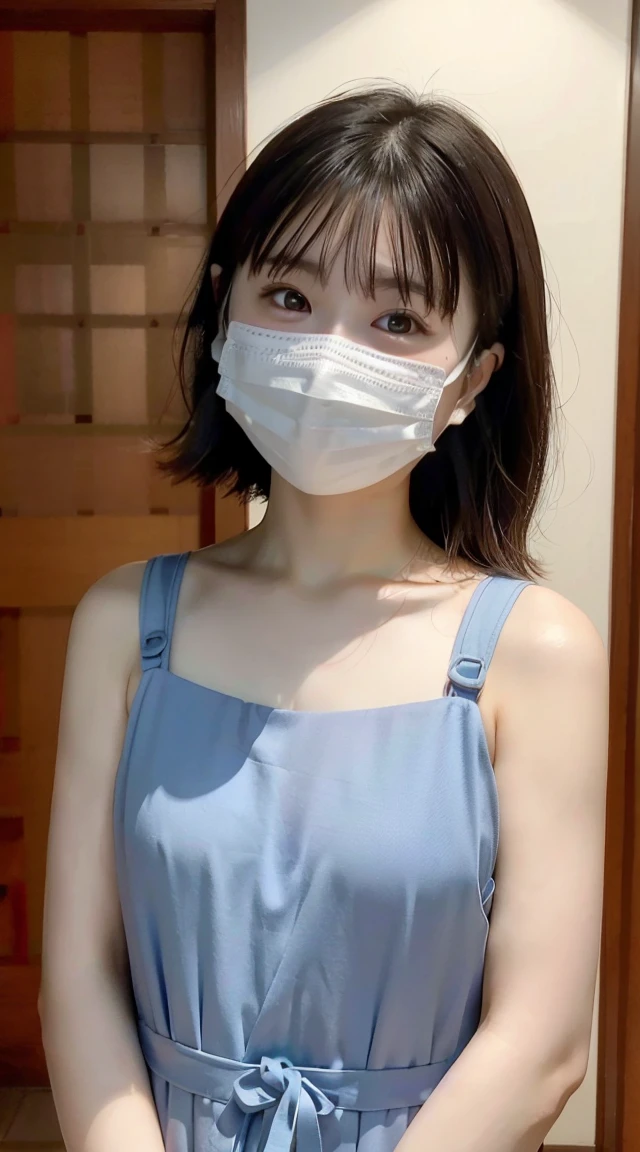 Wearing a one-piece dress、(（Medium Hair、Wearing a mask、Small breasts:1.3)、、(Highest quality、8K、32k、masterpiece、Best Quality）)、Japanese、Very cute child、beautiful girl、Bright smile、Glowing Skin、Blurred Background、whole body
