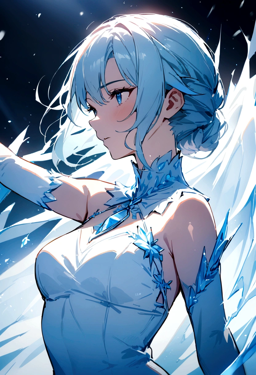 (best quality, masterpiece), 1 Girl, Upper Body, Looking at the audience, freeze, Elsa, White background