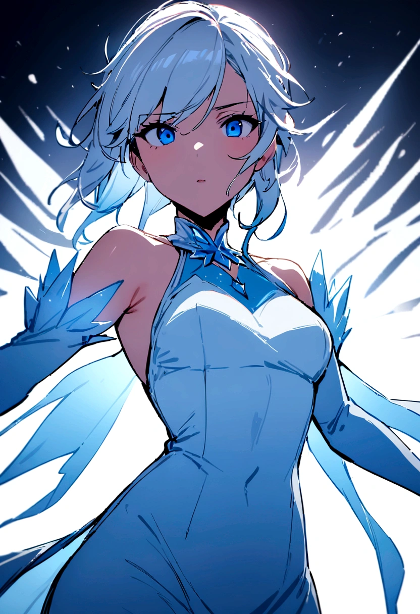 (best quality, masterpiece), 1 Girl, Upper Body, Looking at the audience, freeze, Elsa, White background
