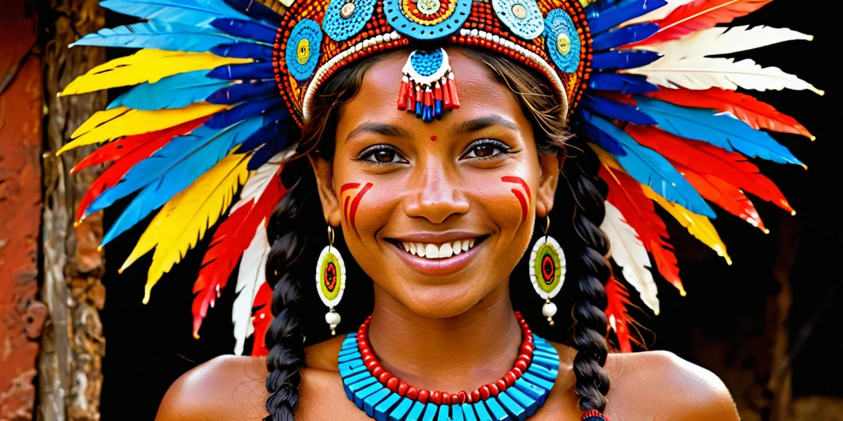 An ultra realistic image featuring a Guarani woman from Brazil, adorned with traditional tribal makeup, smiling brightly against an abstract, uniquely indigenous style background. Her long, wavy dark hair cascades down her back, and her eyes sparkle with the vibrancy of rich, red, white, and black colors that highlight her deep connection to her culture. She wears a garment typical of the Guarani people, and the soft, warm lights illuminating her face create a captivating, glowing effect. This photorealistic portrait showcases the beauty and essence of the Guarani people, captured in a masterpiece by a talented artist. estilo steampunk ((Obra de arte)), ((surpreendente)), ((Impressionante)), ((espetacular)), ((imersivo)), ((Extraordinário)), animal, coruja, Caçador, Pássaro noturno, Estilo 3D, Arte 3D estereoscópica, Arte tridimensional, Renderização 3D, iluminação cinematográfica, iluminação ambiente, iluminação dramática, iluminação evocativa, circular polarizer, Aprimoramento do céu azul, aumento do contraste, Filtro polarizadorRobot short twintails,  na cidade espacial, ciberpunk, jaqueta vermelha na chuva, extremely high quality Robot pig na cidade espacial, ciberpunk, jaqueta vermelha na chuva, filme de qualidade extremamente alta ainda, filme ainda, cinematic, tomada cinematográfica, iluminação cinematográfica, foto macro, Filme 35mm, olhos verdes, olhos azuis, olhos castanhos, fechar-se, dentes, aparelho ortodôntico . Antique, Mecânico, tons de latão e cobre, engrenagens, intricado, detalhado
