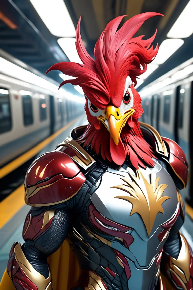(hyperreal:1.4),
(((full body shot:1.5))), RAW, emotional, dynamic, distortion for emotional effect, bright, use of unusual colors, Nice cinematography, (realistic, photo realistic:1.4),
Robo-Rooster, armed, High-speed trains, Quiet Bay, Science Library, superhero with magical powers, creating such elements, like fire and lightning, radiating an aura of mystery,
detailed eyes, detailed face, Detailed skin,