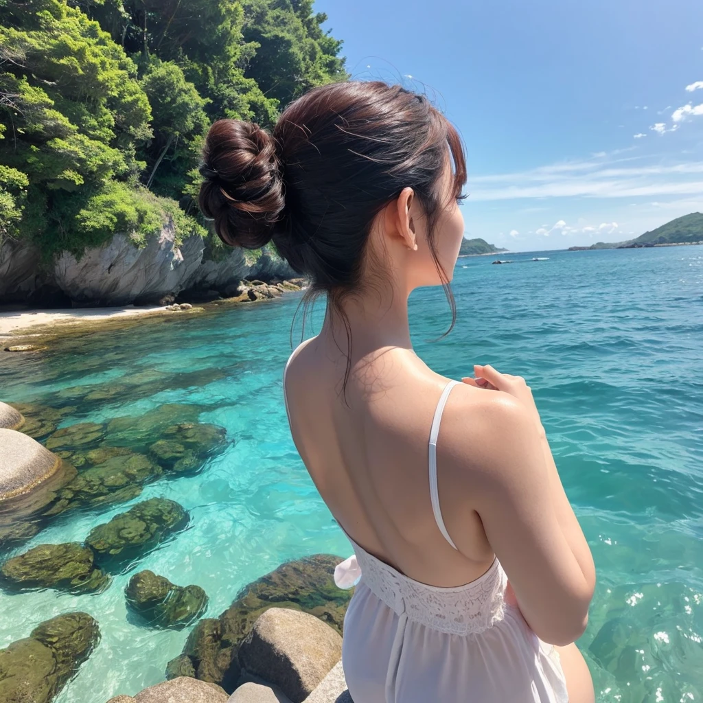 Sea of Japan、sunny、Quiet Sea、(Rear view of one woman:1.4)、one piece、ponytail