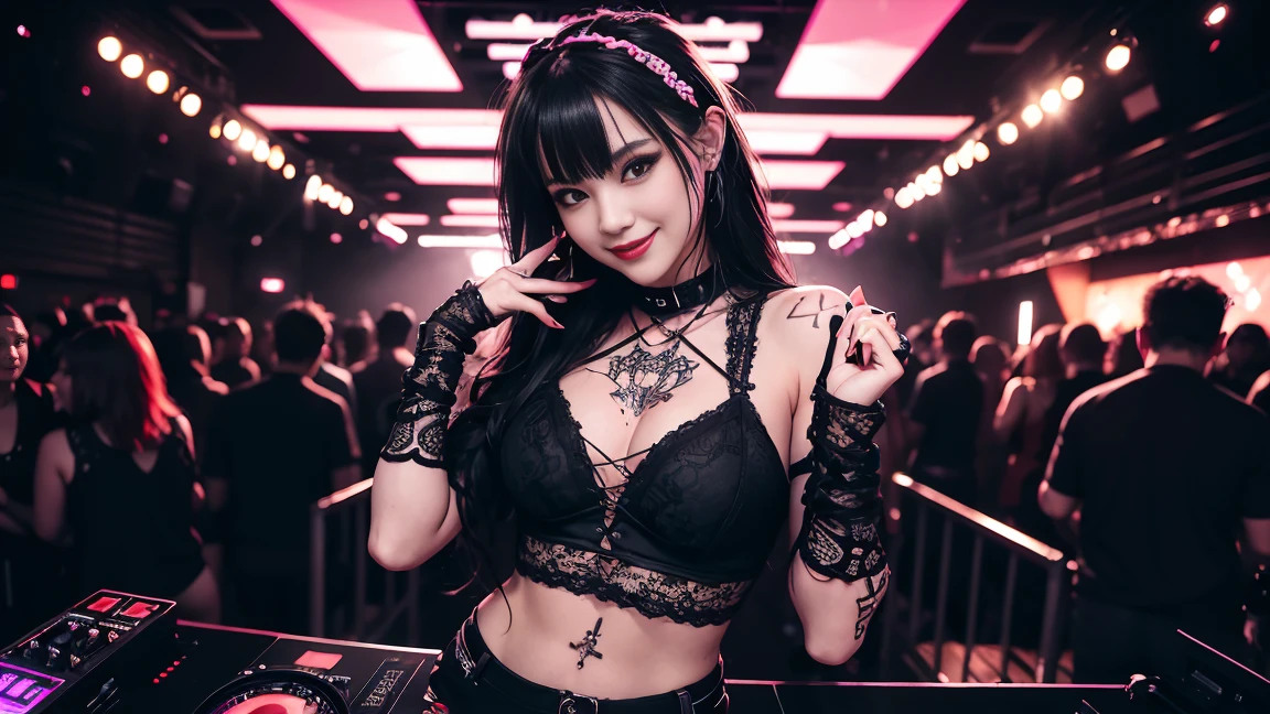 Techno Music, House Music, Dancing Girl, DJ Girl, Realistic, High Definition, Black Lace Up Shorts, Bondage Fashion, Tattoo, Piercing, Blood, Live Music, Class, Nightclub DJ, Dancing Inspired, Looking At Camera, Smiling, Wide shooting, cinema lens, skin glowing, lots of customers in a dancing frenzy