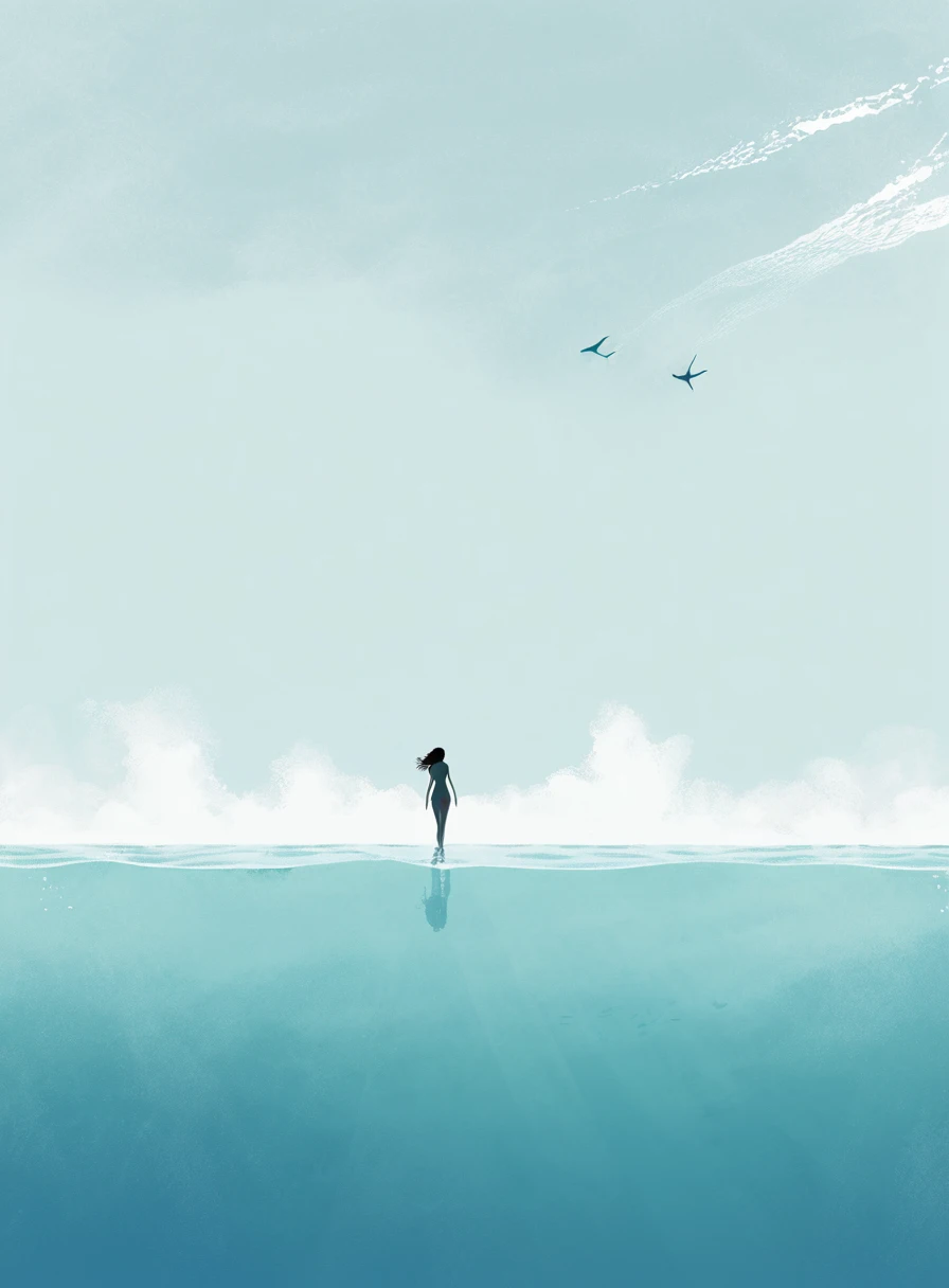 Minimalist Journey, dive, solitary, 1 girl swimming gracefully, Minimalism, Under the Sea, illustration.