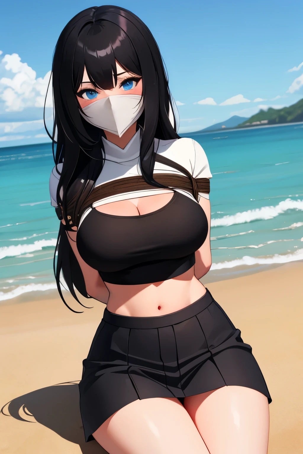 1 girl, detailed blue eyes, lange wimpern, detailed beautiful face, (Long black hair:1.4), (arms behind back:1.6), gefesselte Arme, Red rope, blushing, (Big boobs:1.2), (White crop top, black skirt:1.5), OTN, Gag, gagged, shibari, laying at a beach, liegend im wasser, nah aufnahmen, von vorne