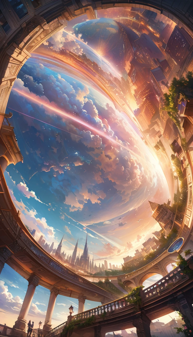 (Highest quality,4K,High resolution,masterpiece:1.2),Super detailed,(Realistic,photoRealistic,photo-Realistic:1.37),A fantastic city floating in the sky,Ethereal atmosphere,Dreamy clouds floating over the city,A majestic golden sun shining through the clouds,Impressive urban structures with intricate architectural details,Soaring spires and ornate roofs,Beautiful bridges and walkways connecting different parts of the city,Lush gardens and vibrant flowers々are blooming everywhere.,Cheerful residents go about their daily lives while enjoying magical scenery,Soft and pastel colors, Create a whimsical and seductive atmosphere,Illuminated by the soft, warm light of the city lights,From dawn to dusk、Creates a magical and enchanting atmosphere.