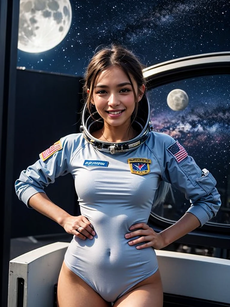 (smile)、(((Staring at the audience)))、((Wearing a space suit standing on the moon)),wear spacesuits, 白いDressed in an astronaut costume, Cute girl in a tank top, girl in space, In space, (((Dressed in an astronaut costume))), woman astronaut, ((Open stance on the moon))、((Sexy young woman's body:1.4))、(dance)、White shorts、Large bust、