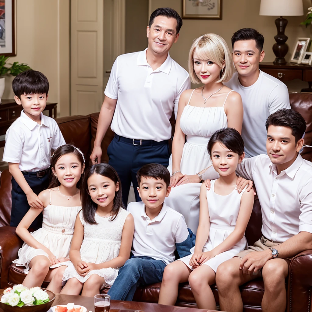 3D caricature image with a big head, Normal eyes.family photo with 3 people, father, mother and 6 son. Dad wore a white shirt with neat hair. Mother wore a polite white dress with her hair in a ponytail. wearing a white shirt. sitting on the sofa in the living room. Hyper realistic