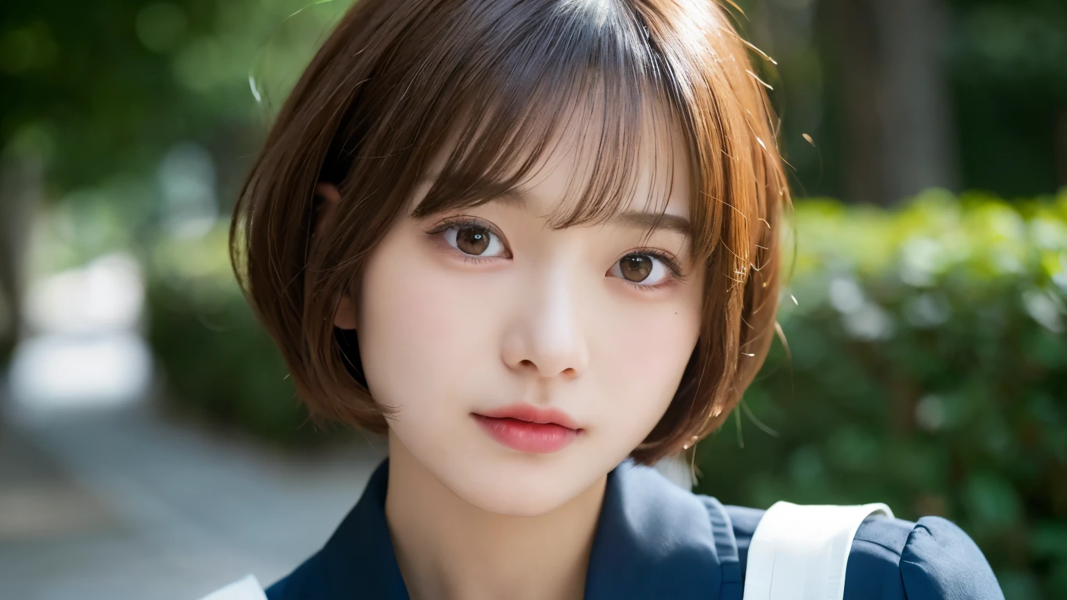 nsfw,(Bob Cut Hair:1.2),(Wearing school uniform:1.2),1 girl,Japanese,21 years old,(Small breasts:1.3),(highest quality,masterpiece:1.3,超A high resolution,),(Ultra-detailed,Caustics),(Photorealistic:1.4,RAW shooting,)Ultra-Realistic Capture,Very detailed,High resolution 16K human skin close-up。 Natural skin texture、,Pores、、It needs to be detailed enough to be easily identifiable。 Skin should be even-toned and healthy looking。 Use natural light and colour, Sad expression, Looking at the camera, Perfect dynamic composition, Outdoor
