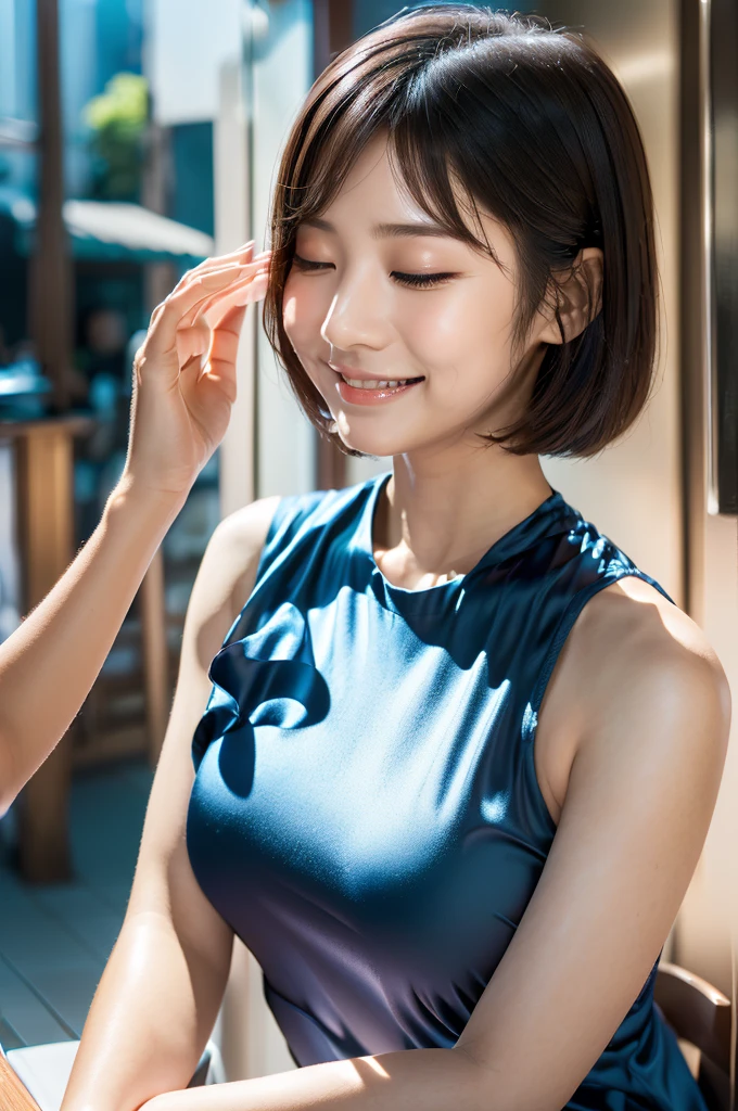 (RAW Photos、Highest quality),(Realistic、photoRealistic:1. 3）、masterpiece、Very delicate and beautiful、非常にdetailed、CG、Unity、2k wallpaper、wonderful、detailed、A light smile、非常にdetailedCGUnity8Kの壁紙、Large file size、非常にdetailedな、High resolution、Absurd、Soft Light、short hair、Short bangs、Black Hair、Floating Hair NovaFrogStyle、 beautiful girl, Thin fingers, 非常にdetailed目と顔, Beautifully detailed nose, Beautiful attention to detail, Long eyelashes, Light on the face, vision, Mouth closed, One girl, cute, young, Mature face, whole body, Small breasts, Realistic face, Realistic body, Beautiful and exquisite thighs, Urzan-6500-v1. 1、roller:Korean doll-like_At 3 p.m.、Costumes：T-Shirts、black eye