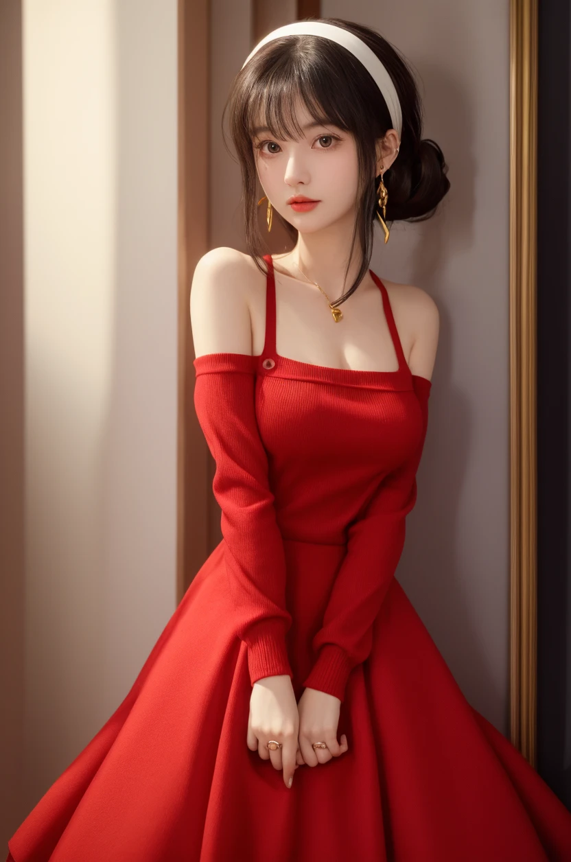 8K quality、High resolution、Realistic skin texture、High resolutionの瞳、Seated man、Woman embraced by a man、A female cafe owner seduces a male customer、Brown long hair、、Ring piercing of the earlobe、Neat red blouse dress、Dignified face、thin、Model Body Type、Ripe body、Neat 30 year old woman、Off the shoulder、Raise your arms and stretch your back、Flip Up Skirt