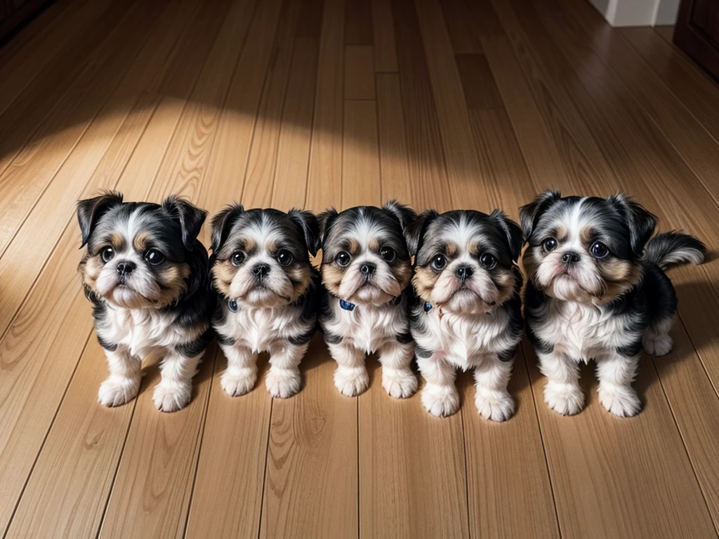 shih tzu vector, three dogs, one in the center sitting and two on the sides walking, drawing of three dogs, Photorealism, 4K