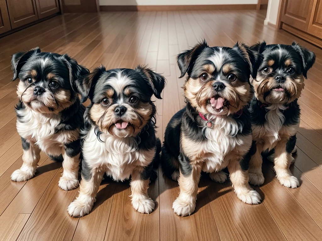 shih tzu vector, three dogs, one in the center sitting and two on the sides walking, drawing of three dogs, Photorealism, 4K