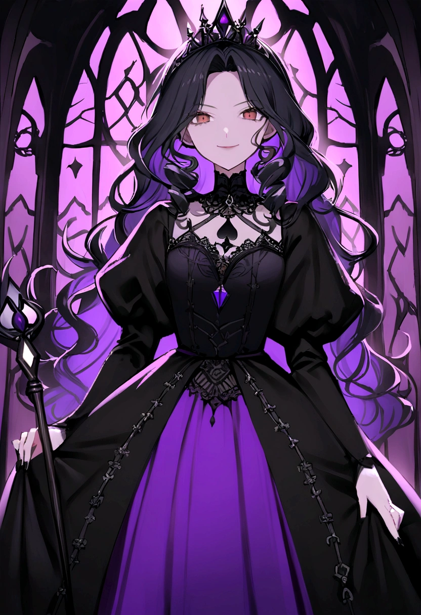 (The image frame is the Queen of Spades),Draws an image of an aristocratic woman with curly or wavy hair, Alabaster skin and brown eyes that exude a brutal aura.. Your hair, meticulously arranged, They are black as night、She wears a sinister tiara studded with dark jewels.. She is wearing a beautiful dress, Mainly black, but、Red and purple details suggest a leaning towards the dark side. She holds a scepter decorated with evil symbols.、He is gazing at me with a slightly mischievous smile.。. The setting is a dark castle with mysterious tapestries and gothic windows that let in only dim light.。, Increases the aura of malevolent royalty