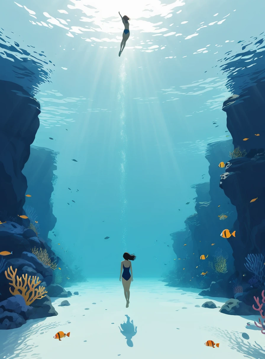 Minimalist Journey, dive, solitary, 1 girl swimming gracefully, Minimalism, Under the Sea, illustration.
