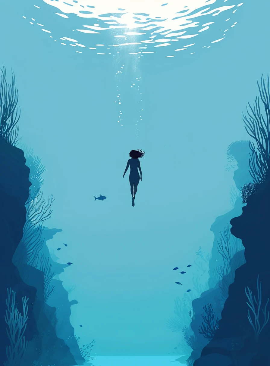 Minimalist Journey, dive, solitary, 1 girl swimming gracefully, Minimalism, Under the Sea, illustration.