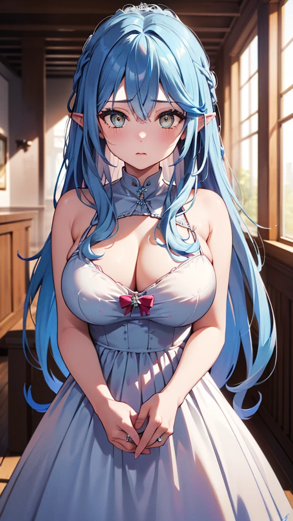 Ultra-high resolution,masterpiece, Attention to detail, Highest quality, 4K,(Light blue long hair),(well endowed,Captivating body、Ultra-detailed skin、Beautiful eyes、Detailed Background),1girl、(Wedding dress、Embarrassed)