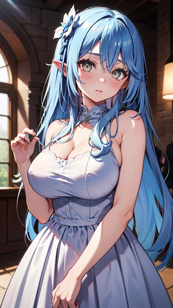 Ultra-high resolution,masterpiece, Attention to detail, Highest quality, 4K,(Light blue long hair),(well endowed,Captivating body、Ultra-detailed skin、Beautiful eyes、Detailed Background),1girl、(Wedding dress、Embarrassed)