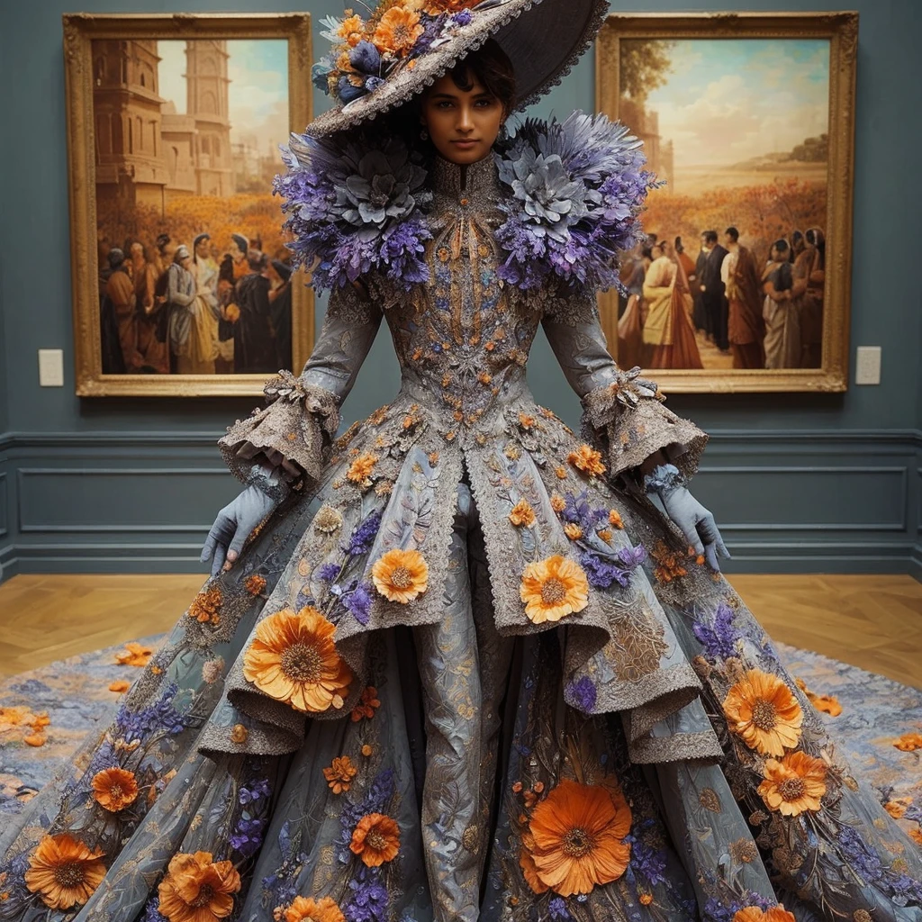 stunning (((brown indian male))) adorned in a breathtaking, ((grey floral)) (((art piece costume with orange flowers and purple leaves pattern))), intricately detailed layers and flawlessly perfectly fitted to his shape. The garment, inspired by impressionism art with matching jewellery, is embellished with delicate embroidery and shimmering crystals. Matching (cyan gloves) adorns his hands and a ((gorgeous victorian hat)) complementing his elegant costume. Muddy brown background.