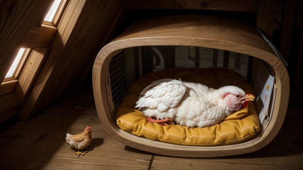 An image with a chicken sleeping in the coop in the night