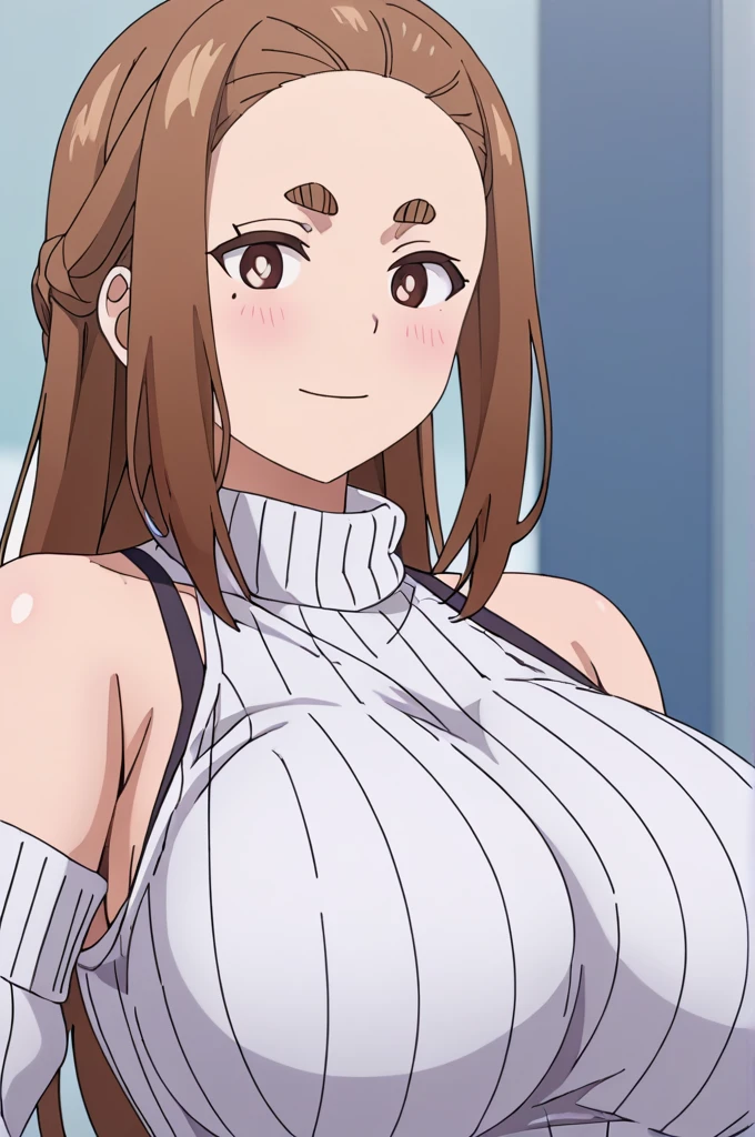 Sumireko Ogawa, One Girl,,Thick eyebrows, Large Breasts, Huge breasts, ,(Black two-shoulder strap long camisole dress、White turtleneck sweater、Long sleeve、Vertical sweater、White knit sweater)、score_9, score_8_Excellent, score_7_Excellent, score_6_Excellent, score_5_Excellent, score_4_Excellent, break,One Girl in full growth, 最high quality, masterpiece, Very detailed, high quality,good quality,1 Girl,(masterpiece,High resolution, Very detailed,8K,16K),Displaying the viewer、Brown Hair、