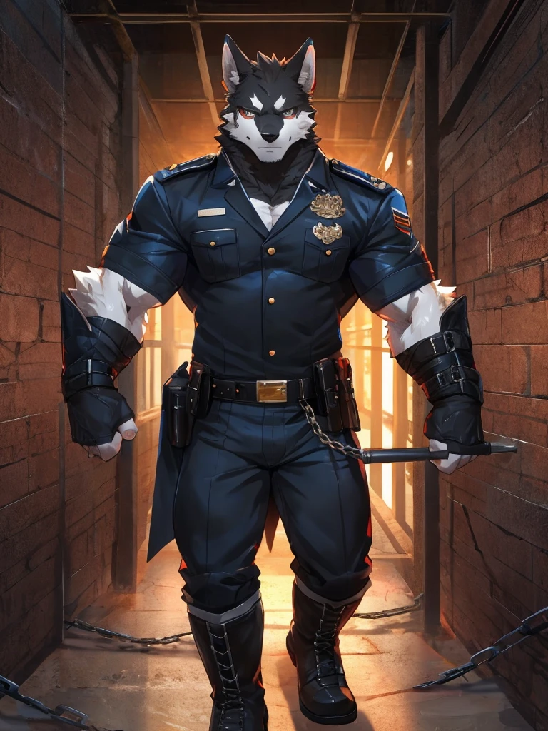 embedding:black wolf, male,Black sunglasses,Scar on the nose.Scar on the face, scar on the body,Single person,Prison guard,Warden's uniform,Leather boots，Prison scenes,With a baton in hand.A dark cell.At night,An airtight cell,Exquisite background,Serious,Chains,black fur,The highest quality of scene detail,adult,Tall and powerful,muscle，Best quality hands, best quality eye，detailed fur，Delicate eyes.Extreme picture quality，by sollyz,by zixiong,by milkytiger1145