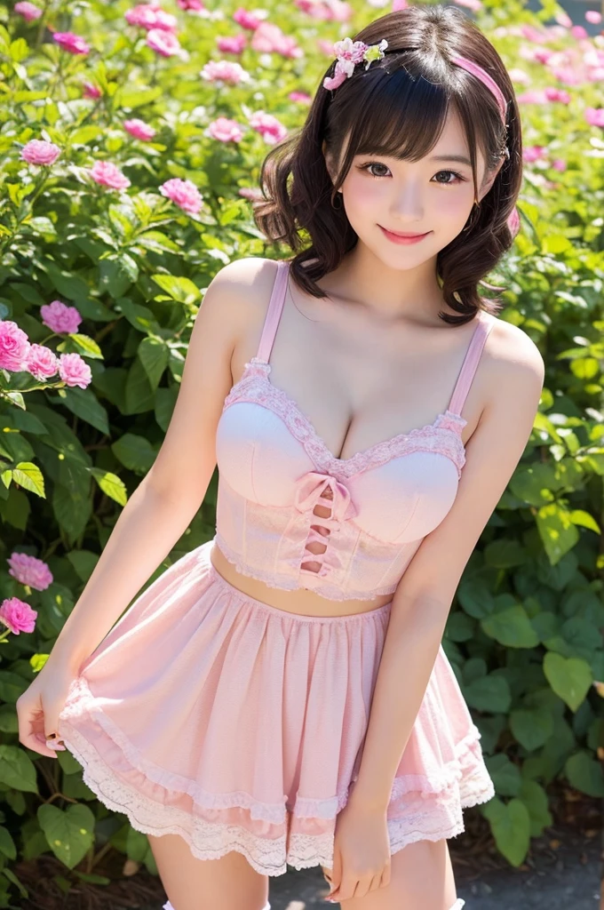 NSFW, A young Japanese idol-style woman with a small, round face and youthful features. She has natural makeup with a hint of blush and glossy pink lipstick, wearing a cheerful and playful expression. Her hair is black, semi-long straight, and styled with soft curls. She has a short and voluptuous build with fair skin, a slim stomach, curvaceous figure, and puffy nipples. She is wearing a cute and stylish outfit: a pastel-colored, frilly dress with a fitted bodice and a flared skirt that reaches mid-thigh, paired with knee-high socks and cute, pastel-colored shoes. She is standing in a playful pose, one hand on her hip and the other hand pulling down one shoulder strap of her dress, revealing a hint of her lacy bra, her eyes sparkling with joy. The background features a bright and colorful setting with flowers and butterflies, creating a whimsical and happy atmosphere. The camera angle is from a slightly lower perspective, capturing her full body and the cheerful, adorable vibe. The image should be high quality, realistic, and detailed.
