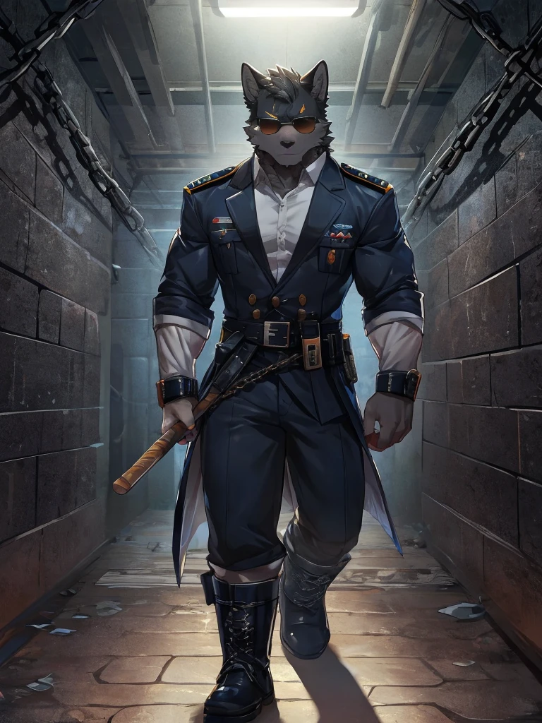 embedding:black wolf, male,Black sunglasses,Scar on the nose.Scar on the face, scar on the body,Single person,Prison guard,Warden's uniform,Leather boots,Prison scenes,With a baton in hand.A dark cell.At night,An airtight cell,Exquisite background,Serious,Chains,black fur,The highest quality of scene detail,adult,Tall and powerful,muscle,Best quality hands, best quality eye,detailed fur,Delicate eyes.Extreme picture quality,by sollyz,by zixiong,by milkytiger1145
