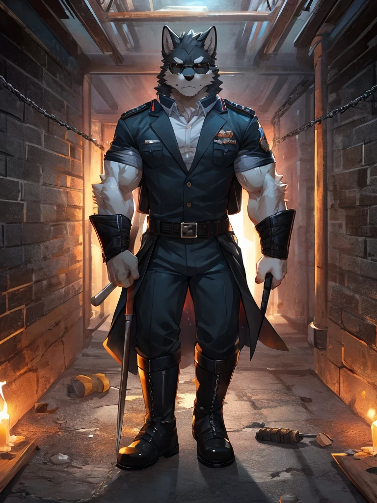 embedding:black wolf, male,Black sunglasses,Scar on the nose.Scar on the face, scar on the body,Single person,Prison guard,Warden's uniform,Leather boots,Prison scenes,With a baton in hand.A dark cell.At night,An airtight cell,Exquisite background,Serious,Chains,black fur,The highest quality of scene detail,adult,Tall and powerful,muscle,Best quality hands, best quality eye,detailed fur,Delicate eyes.Extreme picture quality,by sollyz,by zixiong,by milkytiger1145