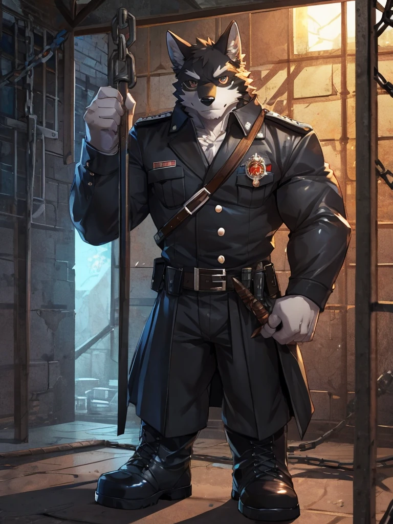 embedding:black wolf, male,Black sunglasses,Scar on the nose.Scar on the face, scar on the body,Single person,Prison guard,Warden's uniform,Leather boots，Prison scenes,With a baton in hand.A dark cell.At night,An airtight cell,Exquisite background,Serious,Chains,black fur,The highest quality of scene detail,adult,Tall and powerful,muscle，Best quality hands, best quality eye，detailed fur，Delicate eyes.Extreme picture quality，by sollyz,by zixiong,by milkytiger1145