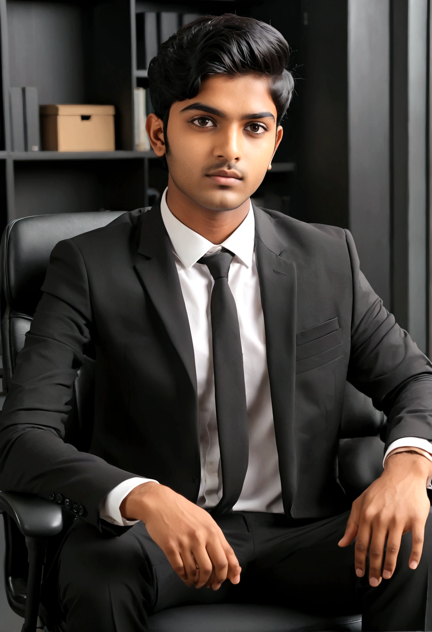 a 21 years old Indian bihari man, honey skin, short black hair, wearing black suit & pant, sitting on black office chair, image fill, best quality, 1080P, HD, 16k, super detail
