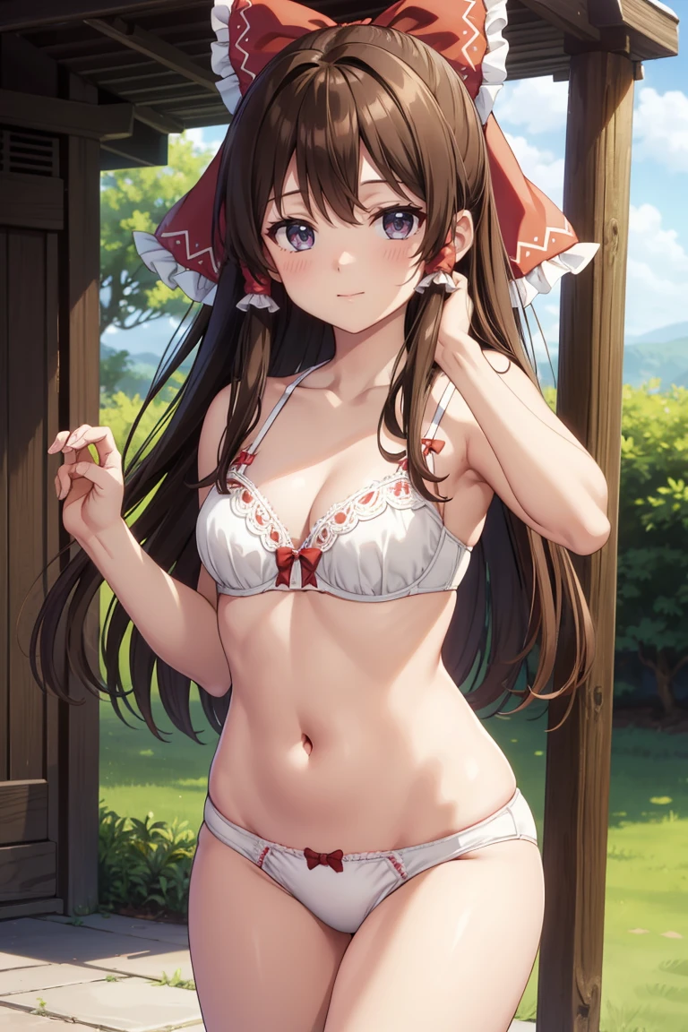 Reimu Hakurei, (Brown eyes:1.5), Brown Hair, bow, hair bow, Hair Tube, Long Hair, red bow, Side Lock,Bed、
Blake Ascot, (((Cute white bra、Cute white panties)))、Backwards、look back、
BREAK Watch Viewers,blush、Surprise face、
Outdoor rest, shrine,Cowboy Shot,Smile Break (masterpiece:1.2), Highest quality, High resolution, unity 8k wallpaper, (figure:0.8), (Beautiful attention to detail), Highly detailed face, Perfect lighting, Highly detailed CG, (Perfect hands, Perfect Anatomy),Dynamic pose,